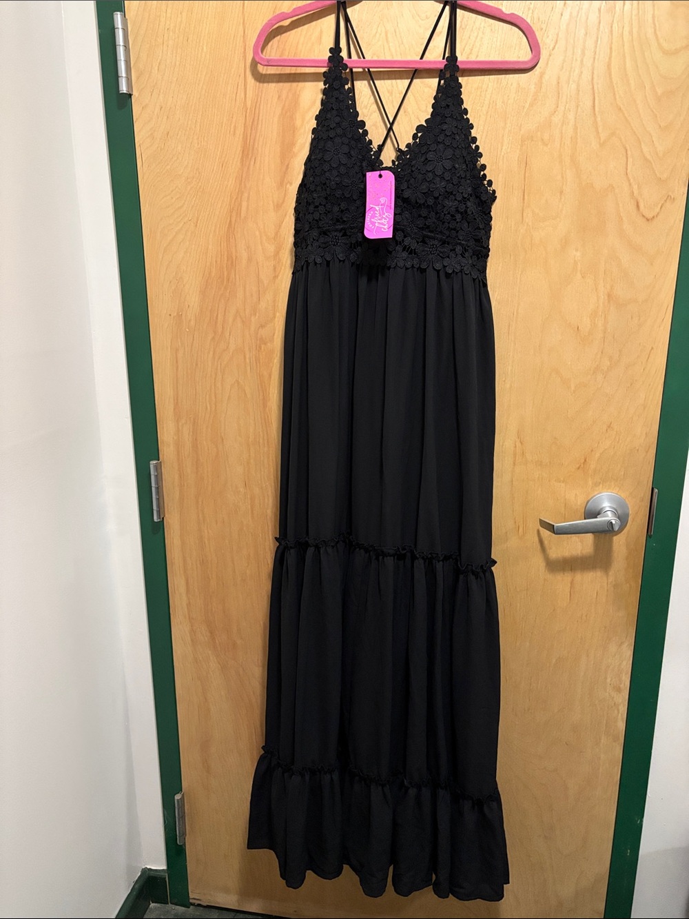 Black Crochet Bodice Maxi Dress with Crisscross Straps